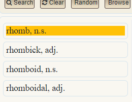 Search results display a list of words descending down the left side of the screen.